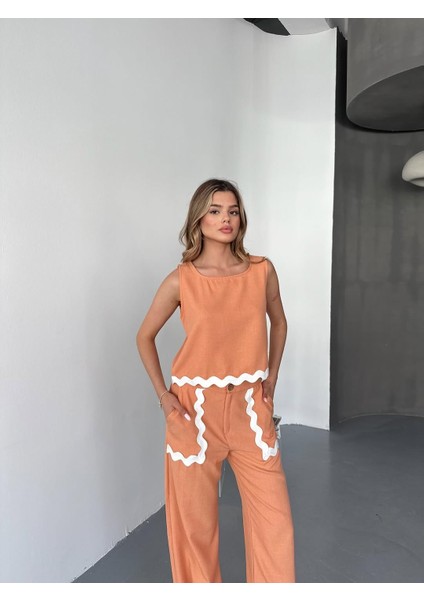 Şerit Detay Keten Kumaş Bluz Pantolon Takım fiyatları