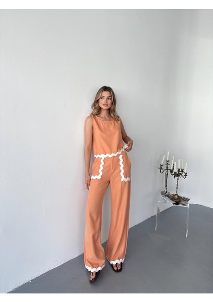 Şerit Detay Keten Kumaş Bluz Pantolon Takım modelleri