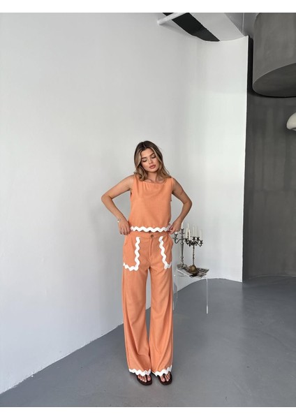 Şerit Detay Keten Kumaş Bluz Pantolon Takım fırsatları