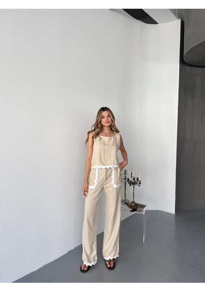 Şerit Detay Keten Kumaş Bluz Pantolon Takım