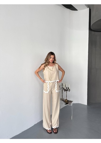 Şerit Detay Keten Kumaş Bluz Pantolon Takım modelleri