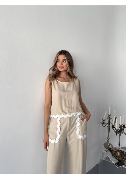 Şerit Detay Keten Kumaş Bluz Pantolon Takım indirimleri