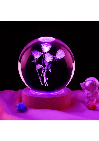 Kişiye Özel Işıklı Ahşap Gül Buketi Kristal Cam Küre 8cm modelleri