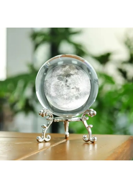 Ay Desenli Kristal Küre Dekoru – Metal Standlı Şık Masa Süsü