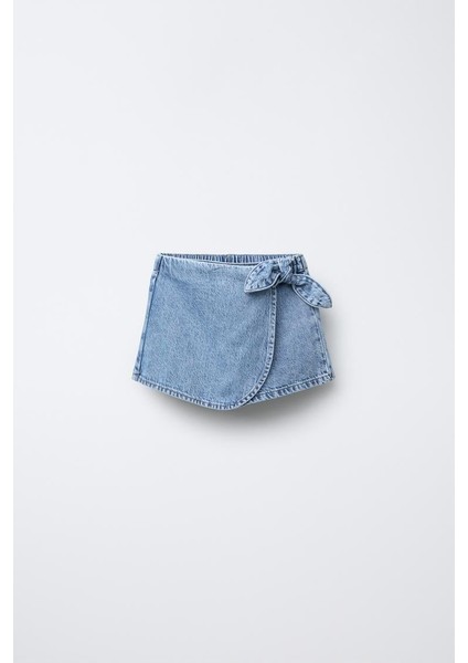 Kız Çocuk Pamuklu Açık Mavi Kurdele Bağlamalı Denim Şort Etek