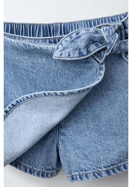 Kız Çocuk Pamuklu Açık Mavi Kurdele Bağlamalı Denim Şort Etek modelleri