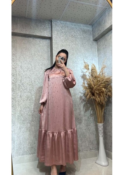 25Y3428 Elbise Saten Kumaş Dantel Yaka Inci Detaylı - Vishne - 25Y3428 - Gül Kurusu - 36