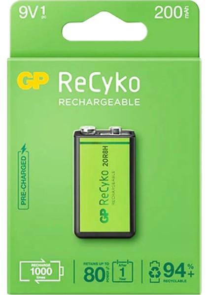 Gp Recyko 9 Volt 200 Mah Nı-Mh Şarjlı Pil GP20R8H-2E1-(GPRHV208R075) (4887)