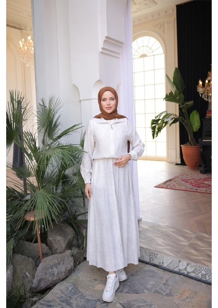 Fermuarlı Gömlek Yaka Kısa Rahat Kap - Cepli Etek Takımı - (38-46) - 71288 - Krem fiyatları