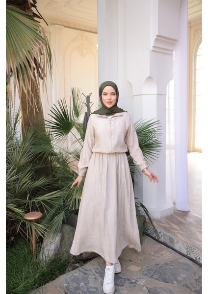 Fermuarlı Gömlek Yaka Kısa Rahat Kap - Cepli Etek Takımı - (38-46) - 71288 - Bej