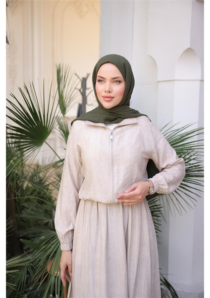 Fermuarlı Gömlek Yaka Kısa Rahat Kap - Cepli Etek Takımı - (38-46) - 71288 - Bej fırsatları