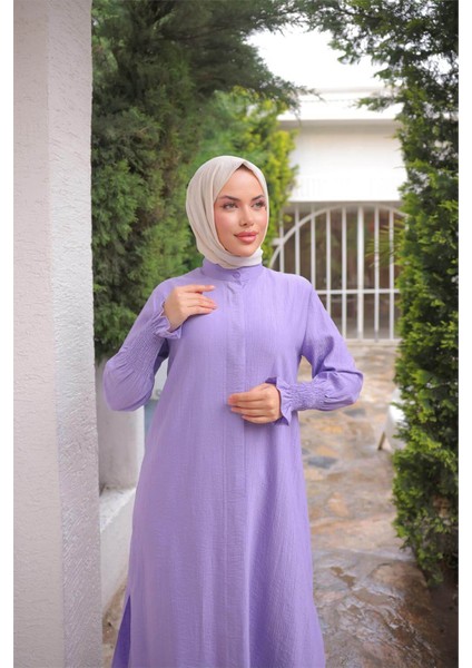Düğmeli Yırtmaçlı Büzgü Kollu Uzun Tunik Ikili Tesettür Eşofman Takımı - (38-46) - 71279 - Lila