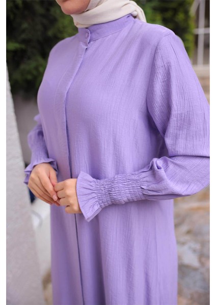 Düğmeli Yırtmaçlı Büzgü Kollu Uzun Tunik Ikili Tesettür Eşofman Takımı - (38-46) - 71279 - Lila modelleri