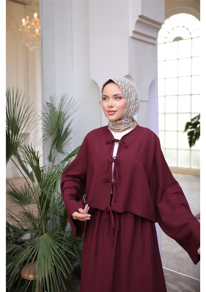 Bağcık Düğmeli Kıs Arahat Kesim Tunik - Cepli Etek Takımı - (38-46) - 71285 - Bordo fırsatları