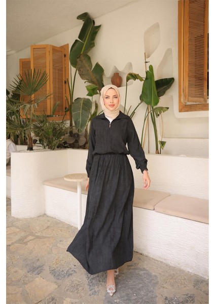 Fermuarlı Gömlek Yaka Kısa Rahat Kap - Cepli Etek Takımı - (38-46) - 71288 - Siyah