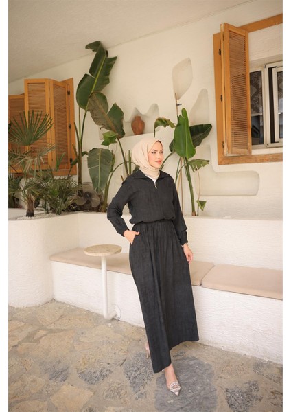 Fermuarlı Gömlek Yaka Kısa Rahat Kap - Cepli Etek Takımı - (38-46) - 71288 - Siyah fiyatları