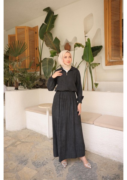 Fermuarlı Gömlek Yaka Kısa Rahat Kap - Cepli Etek Takımı - (38-46) - 71288 - Siyah modelleri