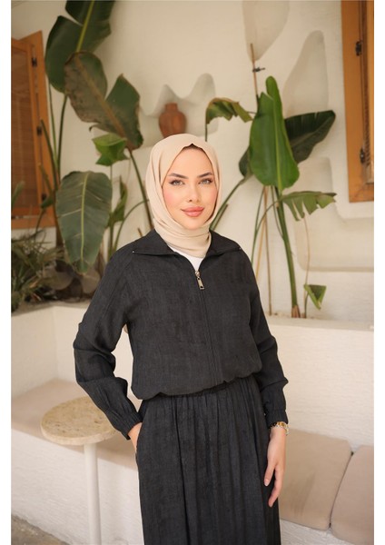 Fermuarlı Gömlek Yaka Kısa Rahat Kap - Cepli Etek Takımı - (38-46) - 71288 - Siyah indirimleri