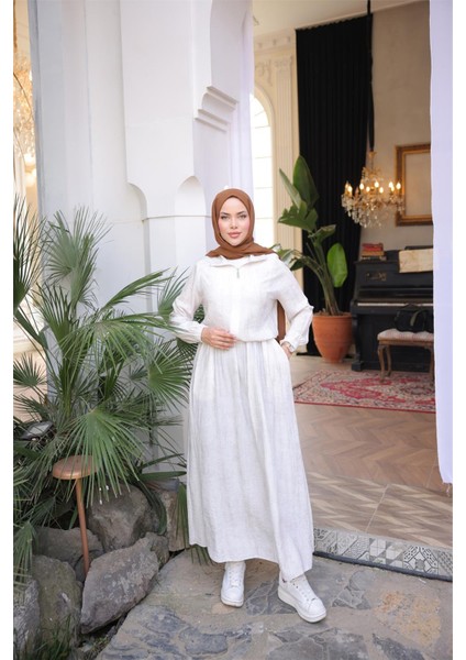 Fermuarlı Gömlek Yaka Kısa Rahat Kap - Cepli Etek Takımı - (38-46) - 71288 - Krem modelleri