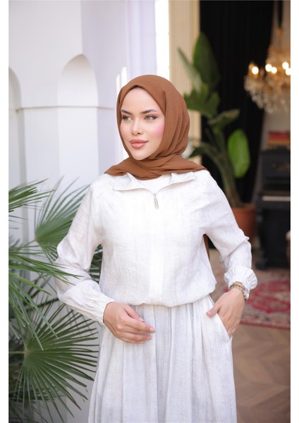 Fermuarlı Gömlek Yaka Kısa Rahat Kap - Cepli Etek Takımı - (38-46) - 71288 - Krem fırsatları