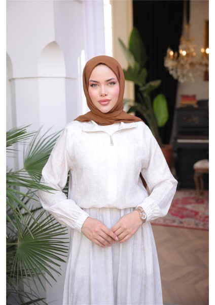 Fermuarlı Gömlek Yaka Kısa Rahat Kap - Cepli Etek Takımı - (38-46) - 71288 - Krem indirimleri