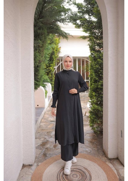 Düğmeli Yırtmaçlı Büzgü Kollu Uzun Tunik Ikili Tesettür Eşofman Takımı - (38-46) - 71279 - Siyah