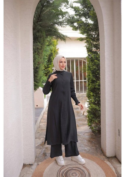 Düğmeli Yırtmaçlı Büzgü Kollu Uzun Tunik Ikili Tesettür Eşofman Takımı - (38-46) - 71279 - Siyah fiyatları