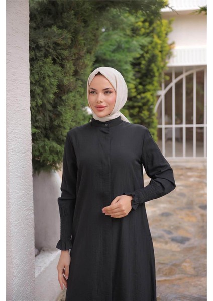 Düğmeli Yırtmaçlı Büzgü Kollu Uzun Tunik Ikili Tesettür Eşofman Takımı - (38-46) - 71279 - Siyah indirimleri