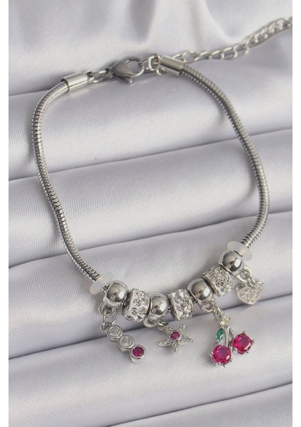 Çelik Taşlı Kiraz Model Charm Bileklik