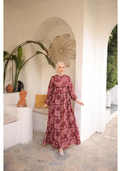 O Yaka Belden Bağcıklı Uzun Desenli Bol Rahat Elbise - (38-46) - 71287 - Bordo
