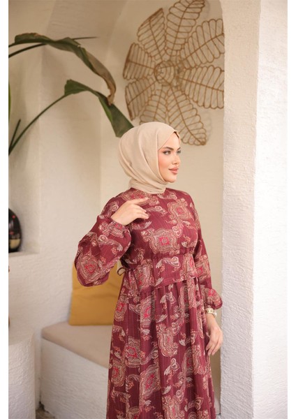 O Yaka Belden Bağcıklı Uzun Desenli Bol Rahat Elbise - (38-46) - 71287 - Bordo fiyatları