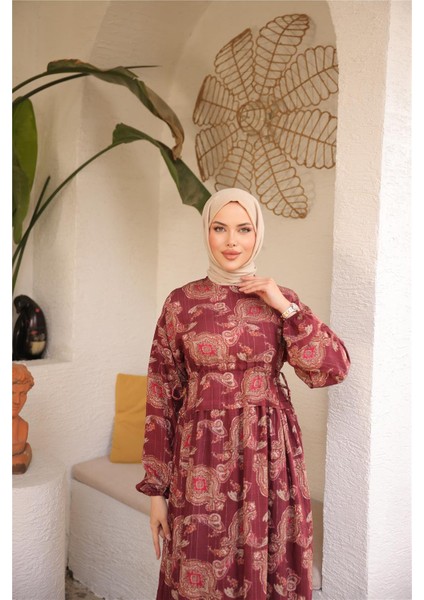 O Yaka Belden Bağcıklı Uzun Desenli Bol Rahat Elbise - (38-46) - 71287 - Bordo modelleri