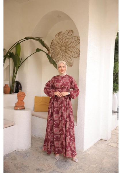 O Yaka Belden Bağcıklı Uzun Desenli Bol Rahat Elbise - (38-46) - 71287 - Bordo fırsatları