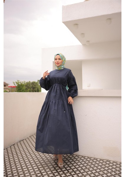 Belden Bağcıklı Geniş Uzun Kollu Büzgülü Uzun Elbise - (38-46) - 71289 - Lacivert modelleri