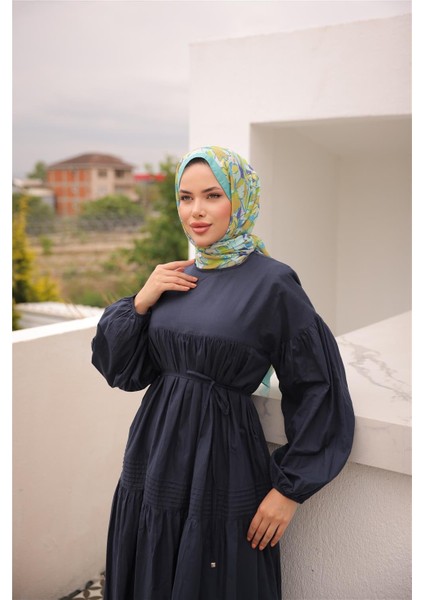 Belden Bağcıklı Geniş Uzun Kollu Büzgülü Uzun Elbise - (38-46) - 71289 - Lacivert indirimleri