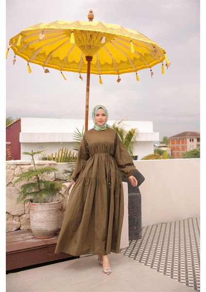 Belden Bağcıklı Geniş Uzun Kollu Büzgülü Uzun Elbise - (38-46) - 71289 - Haki