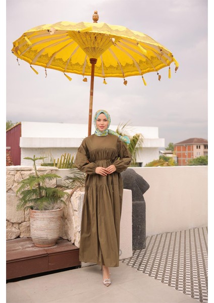 Belden Bağcıklı Geniş Uzun Kollu Büzgülü Uzun Elbise - (38-46) - 71289 - Haki fiyatları