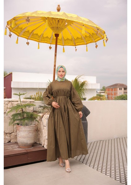 Belden Bağcıklı Geniş Uzun Kollu Büzgülü Uzun Elbise - (38-46) - 71289 - Haki modelleri