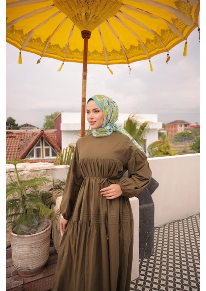 Belden Bağcıklı Geniş Uzun Kollu Büzgülü Uzun Elbise - (38-46) - 71289 - Haki fırsatları