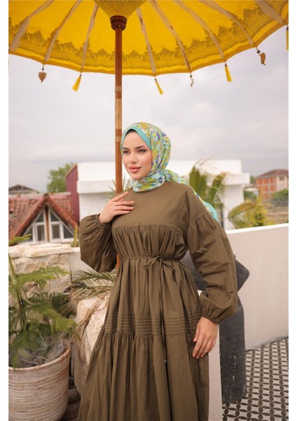 Belden Bağcıklı Geniş Uzun Kollu Büzgülü Uzun Elbise - (38-46) - 71289 - Haki indirimleri