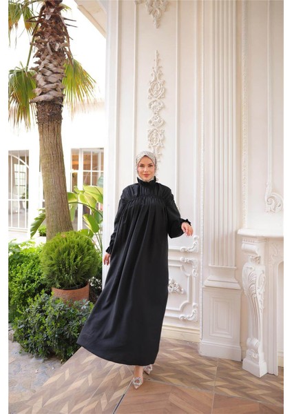 Balıkçı Dik Yaka Kolları Lastikli Bol Kesim Büzgülü Uzun Elbise - (38-46) - 71270 - Siyah