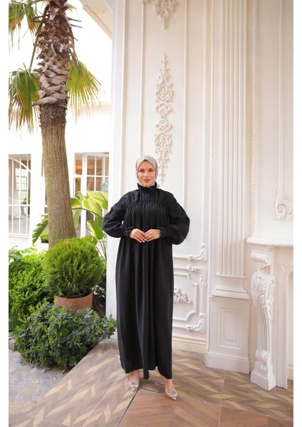 Balıkçı Dik Yaka Kolları Lastikli Bol Kesim Büzgülü Uzun Elbise - (38-46) - 71270 - Siyah modelleri