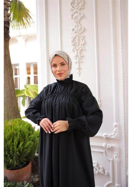 Balıkçı Dik Yaka Kolları Lastikli Bol Kesim Büzgülü Uzun Elbise - (38-46) - 71270 - Siyah fırsatları