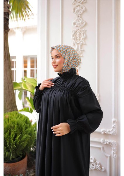 Balıkçı Dik Yaka Kolları Lastikli Bol Kesim Büzgülü Uzun Elbise - (38-46) - 71270 - Siyah indirimleri