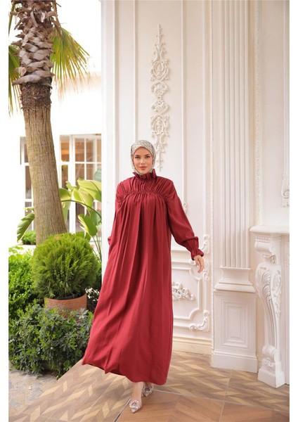 Balıkçı Dik Yaka Kolları Lastikli Bol Kesim Büzgülü Uzun Elbise - (38-46) - 71270 - Bordo