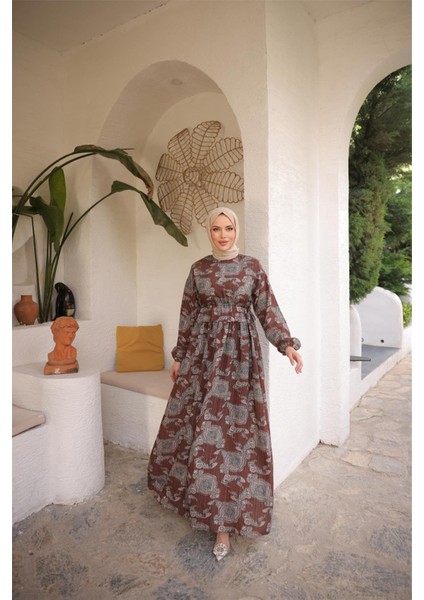 O Yaka Belden Bağcıklı Uzun Desenli Bol Rahat Elbise - (38-46) - 71287 - Kahverengi