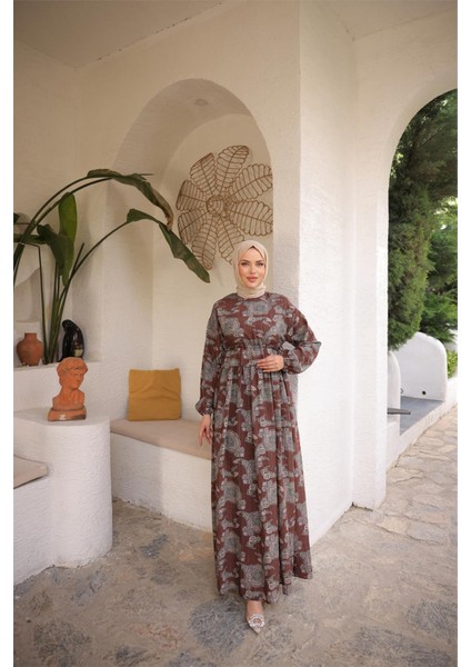 O Yaka Belden Bağcıklı Uzun Desenli Bol Rahat Elbise - (38-46) - 71287 - Kahverengi fırsatları