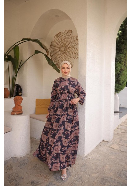 O Yaka Belden Bağcıklı Uzun Desenli Bol Rahat Elbise - (38-46) - 71287 - Mor