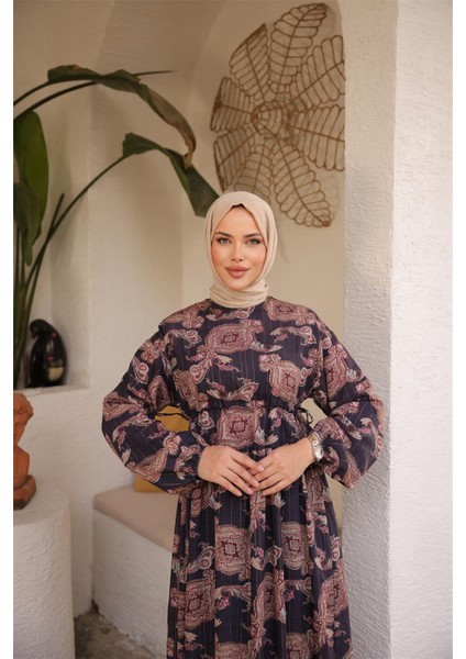 O Yaka Belden Bağcıklı Uzun Desenli Bol Rahat Elbise - (38-46) - 71287 - Mor fiyatları