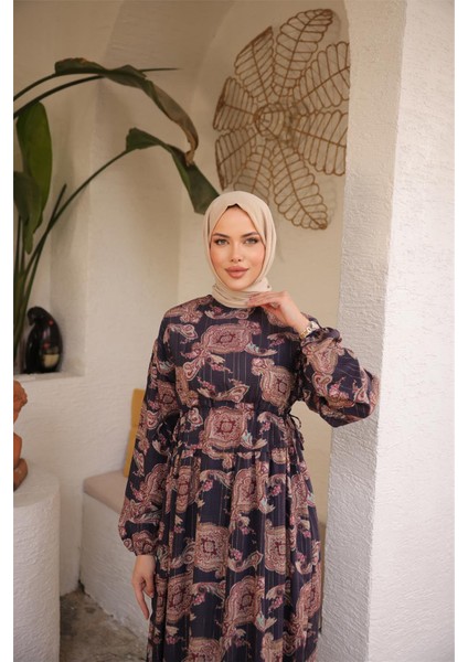 O Yaka Belden Bağcıklı Uzun Desenli Bol Rahat Elbise - (38-46) - 71287 - Mor modelleri